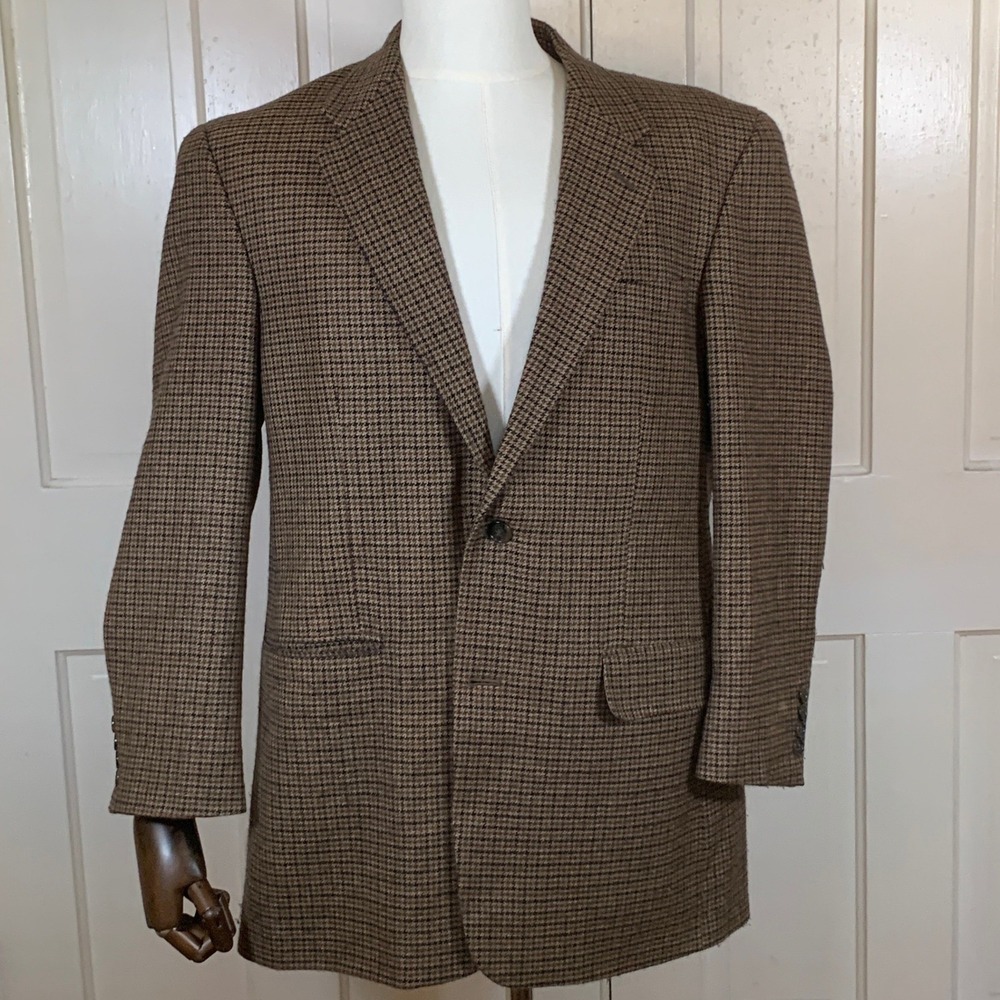 Alan Flusser Blazer Mens 42R Brown Houndstooth Lambswool Cashmere Sport Coat